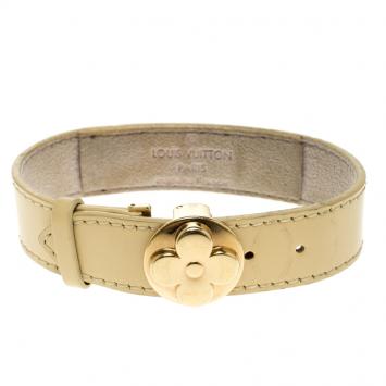 Pre Owned Louis Vuitton Cream Leather Gold Tone Wish Bracelet 17cm
