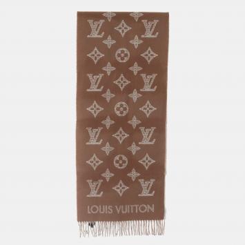 Pre Owned Louis Vuitton Brown/White Cashmere Wool Monogram Shadow Noisette Scarf