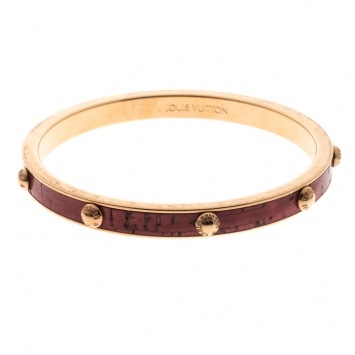 Pre Owned Louis Vuitton Gimme A Clue Red Leather Inlay Gold Tone Bangle Bracelet