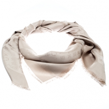 Pre Owned Louis Vuitton Beige Silk Monogram Fringed Edge Scarf
