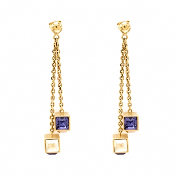 Pre Owned Louis Vuitton Gamble Crystal Gold Tone Long Dangle Earrings