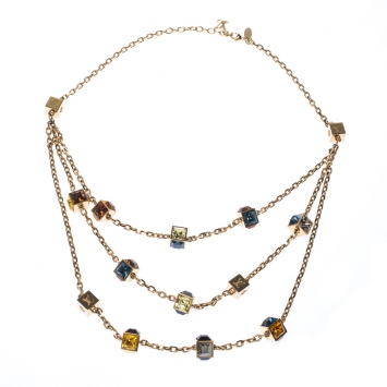 Pre Owned Louis Vuitton Multicolor Crystal Gamble Station Tiered Gold Tone Necklace
