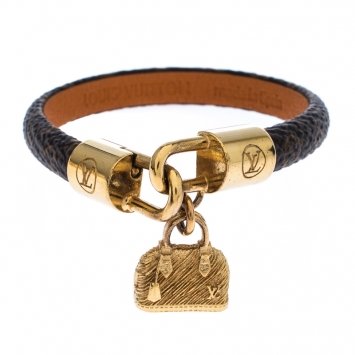 Pre Owned Louis Vuitton Alma Brown Canvas Gold Tone Charm Bracelet 17