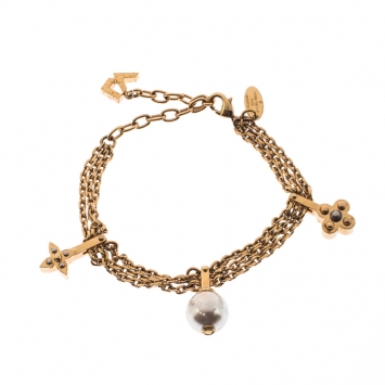 Pre Owned Louis Vuitton Damier Monogram Faux Pearl Gold Tone Chain Link Charm Bracelet   