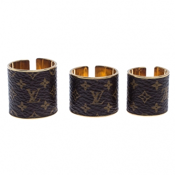 Pre Owned Louis Vuitton Gold Tone Nanogram Canvas Set of Three Rings
