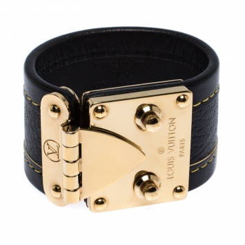 Pre Owned Louis Vuitton Brown Leather Gold Tone Koala Wide Cuff Bracelet S