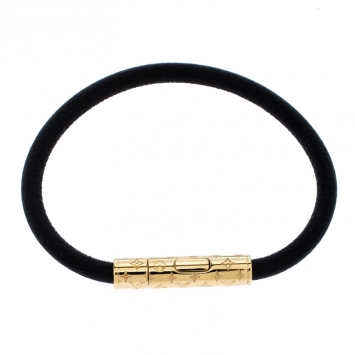 Pre Owned Louis Vuitton Black Leather Gold Tone Confidential Bracelet 18 cm