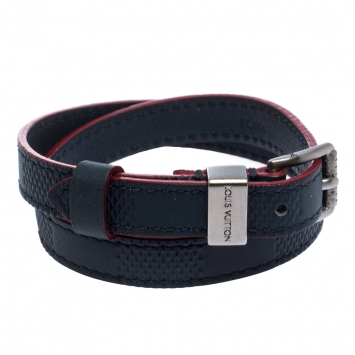 Pre Owned Louis Vuitton Blue Damier Leather Silver Tone Double Tour Bracelet 19 cm