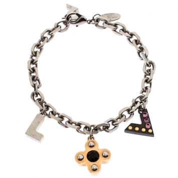 Pre Owned Louis Vuitton Crystal Love Letter Timeless Three Tone Charm Bracelet