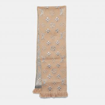 Pre Owned Louis Vuitton Beige Logomania Wool & Silk Shine Scarf