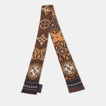 Pre Owned Louis Vuitton Brown Logo Printed Silk Bandeau Scarf