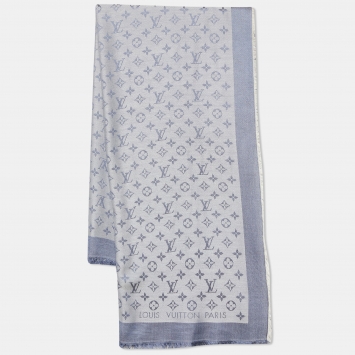 Pre Owned Louis Vuitton Bleu Clair Monogram Silk & Wool Denim Shawl