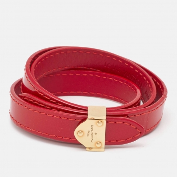 Pre Owned Louis Vuitton Red Leather Gold Tone Wrap Bracelet