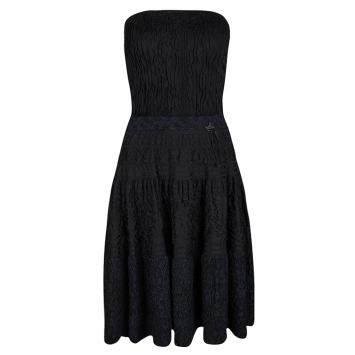 Pre Owned Louis Vuitton Black and Navy Blue Puckered Effect Silk Knit Strapless Dress S