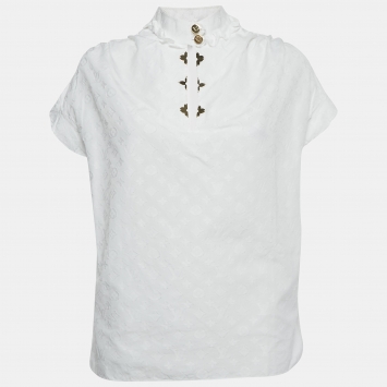 Louis Vuitton white Monogram Fil Coupe Cotton Frill Blouse S