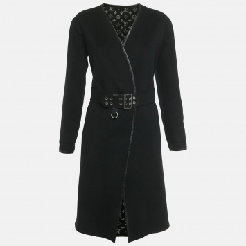 Pre Owned Louis Vuitton Black Wool Open Front Belted Leather Trim Coat S 
