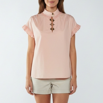 Pre Owned Louis Vuitton Peach Cotton Monogram Embellished Frill Blouse M