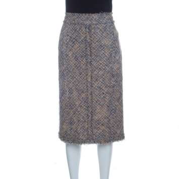Pre Owned Louis Vuitton Tan and Blue Textured Fringed Pencil Skirt L