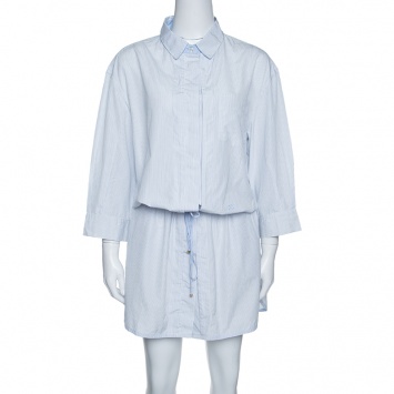 Pre Owned Louis Vuitton Blue and White Striped Cotton Drop Waist Tie Detail Shirt Dress XL