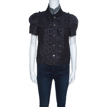 Pre Owned Louis Vuitton Indigo Monogram Eyelet Embroidered Denim Short Sleeve Shirt M