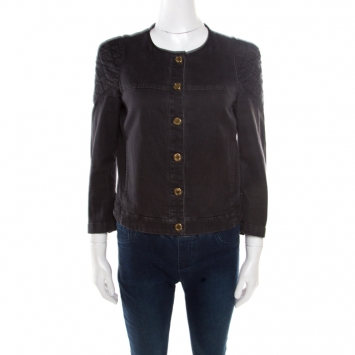 Pre Owned Louis Vuitton Black Washed Effect Denim Monogram Embroidered Collarless Jacket M