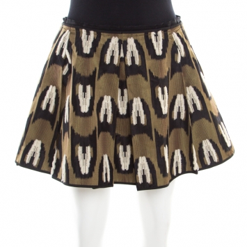 Pre Owned Louis Vuitton Green Fuzzy Wool Embroidered Pleated Jacquard Mini Skirt S