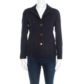Pre Owned Louis Vuitton Indigo Dark Wash Denim Monogram Contrast Leather Trim Jacket M