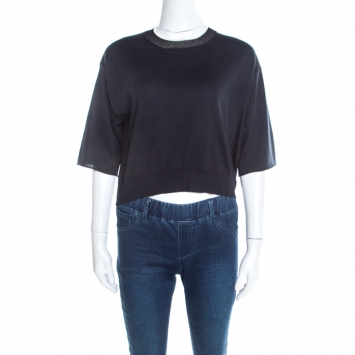 Pre Owned Louis Vuitton Navy Blue Silk and Cotton Knit Crew Neck Crop Top L