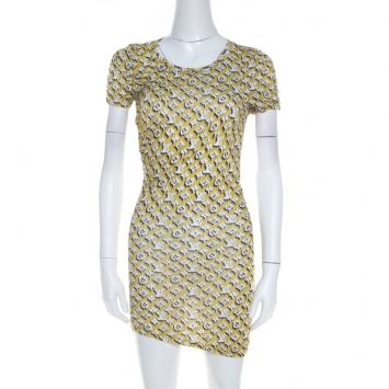Pre Owned Louis Vuitton Yellow Monogram Print Cotton Ruche Detail Mini Dress S