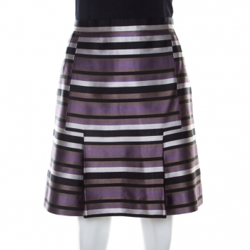 Pre Owned Louis Vuitton Black and Violet Silk Striped Mini Skirt M 