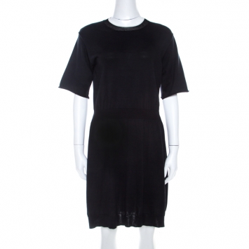 Pre Owned Louis Vuitton Black Cotton Silk Elasticized Waist Crew Neck Dress M