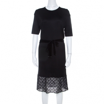 Pre Owned Louis Vuitton Black Stretch Knit Belted Short Sleeve Dress S