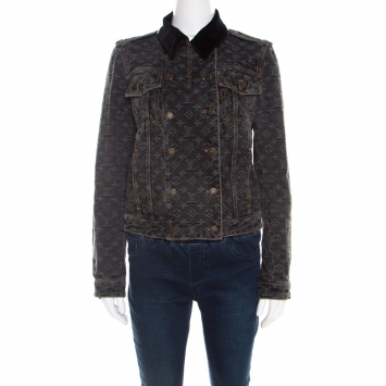 Pre Owned Louis Vuitton Dark Grey Monogrammed Denim Velvet Collar Detail Jacket M