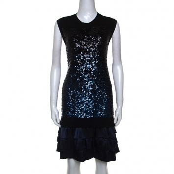 Pre Owned Louis Vuitton Navy Blue Cashmere and Silk Sequinned Dress M