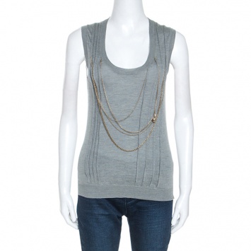 Pre Owned Louis Vuitton Grey Cashmere Knit Chain Detail Sleeveless Top S