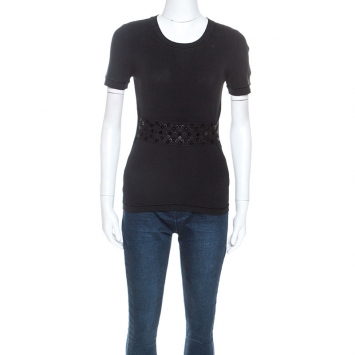 Pre Owned Louis Vuitton Black Stretch Cotton Sequinned Waist Flap Detail Top M
