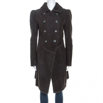 Pre Owned Louis Vuitton Brown Striped Lambskin Shearling Double Breasted Coat M
