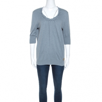 Pre Owned Louis Vuitton Grey Cashmere Twisted Collar Detail Short Sleeve Sweater M