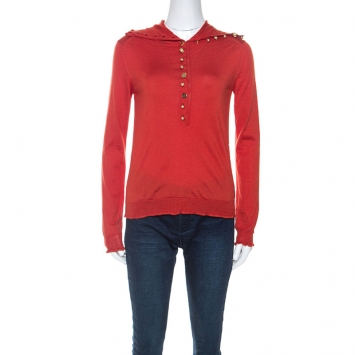 Pre Owned Louis Vuitton Brick Red Cashmere Button Front High Collar Sweater XS