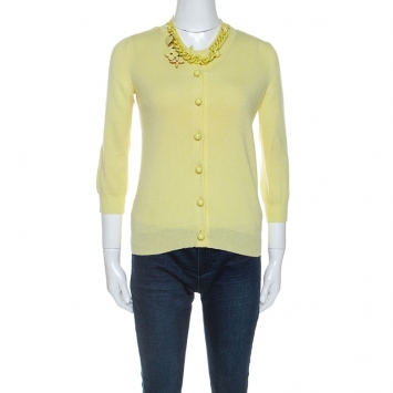 Pre Owned Louis Vuitton Yellow Cashmere Knit Chain Detail Top Cardigan Set S