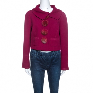 Pre Owned Louis Vuitton Magenta Wool Fur Button Detail Jacket L
