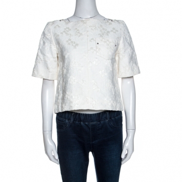Pre Owned Louis Vuitton White Embossed Jacquard Button Detail Blouse M