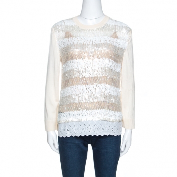 Pre Owned Louis Vuitton Cream Wool Blend Sequin Embellished Top M