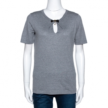 Pre Owned Louis Vuitton Grey Melange Cotton Jersey Bow Detail T-Shirt S