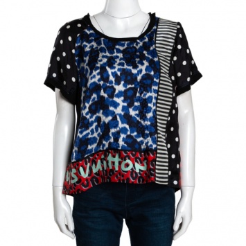 Pre Owned Louis Vuitton Multicolor Silk Jersey Trim Patch Print Top M 