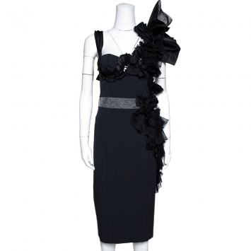 Pre Owned Louis Vuitton Black Embellished & Ruffled Sleeveless Dress M