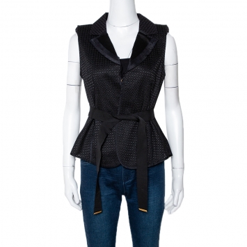 Pre Owned Louis Vuitton Black Silk & Cotton Lace Belted Vest Jacket M