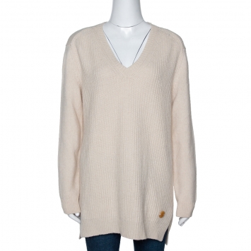 Pre Owned Louis Vuitton Cream Cashmere Blend Chunky Rib Knit Oversized Sweater M