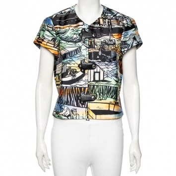 Pre Owned Louis Vuitton Multicolored Printed Silk Zip Front Top M