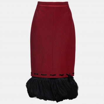 Pre Owned Louis Vuitton Red Wool & Tulle Ruffled Hem Skirt L